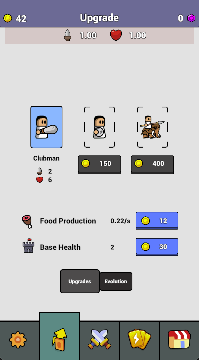 The Upgrade menu separates unit unlocks, Food Production and Base Health. Compare the bottleneck before spending coins on a different category.