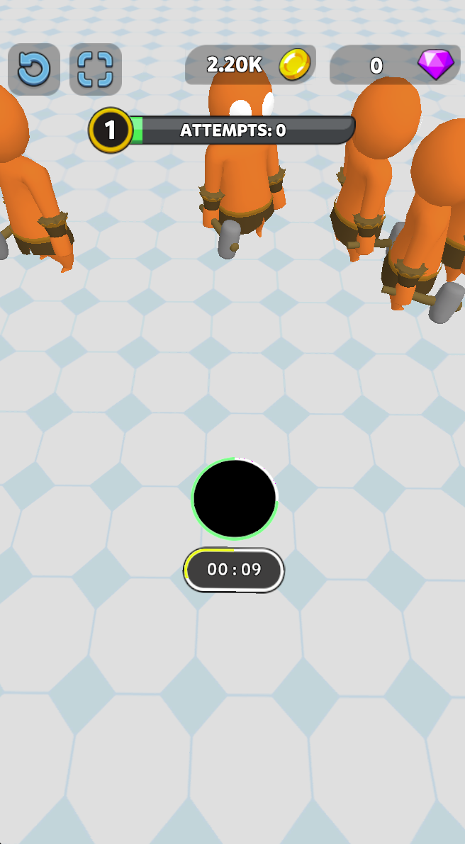 The hole is in the collection area with 00:09 remaining. A nearby cluster offers a shorter route than crossing the open floor.