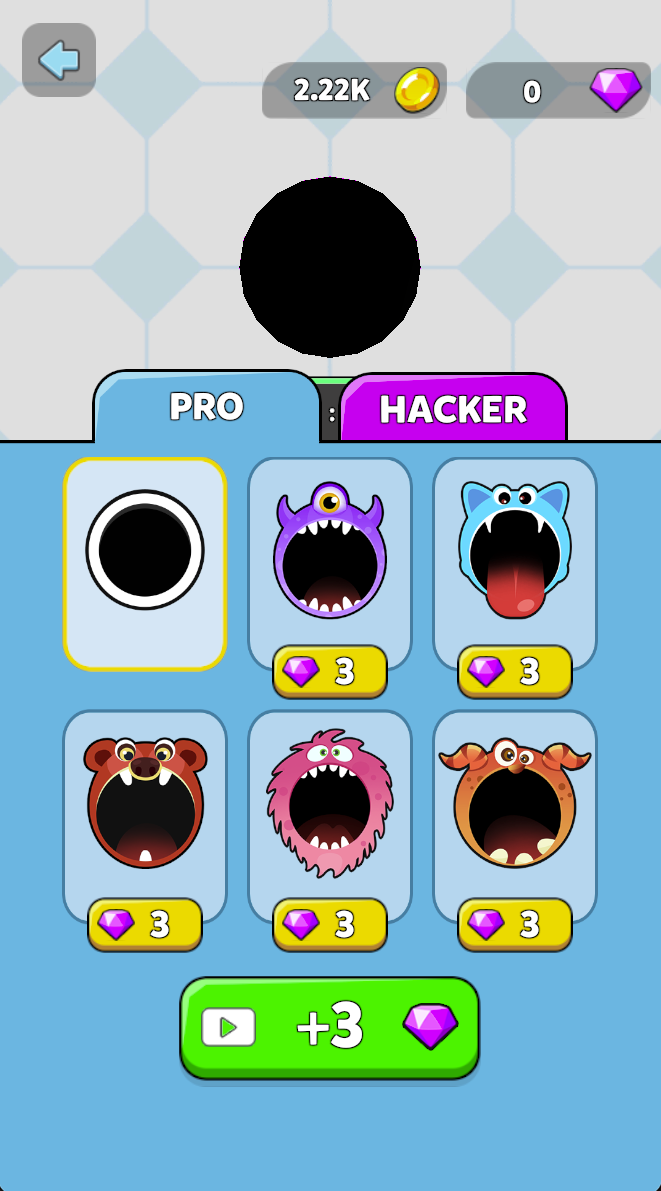 The skin menu lists gem-priced appearances under PRO and HACKER tabs. Compare the selected appearance and its price before spending gems.