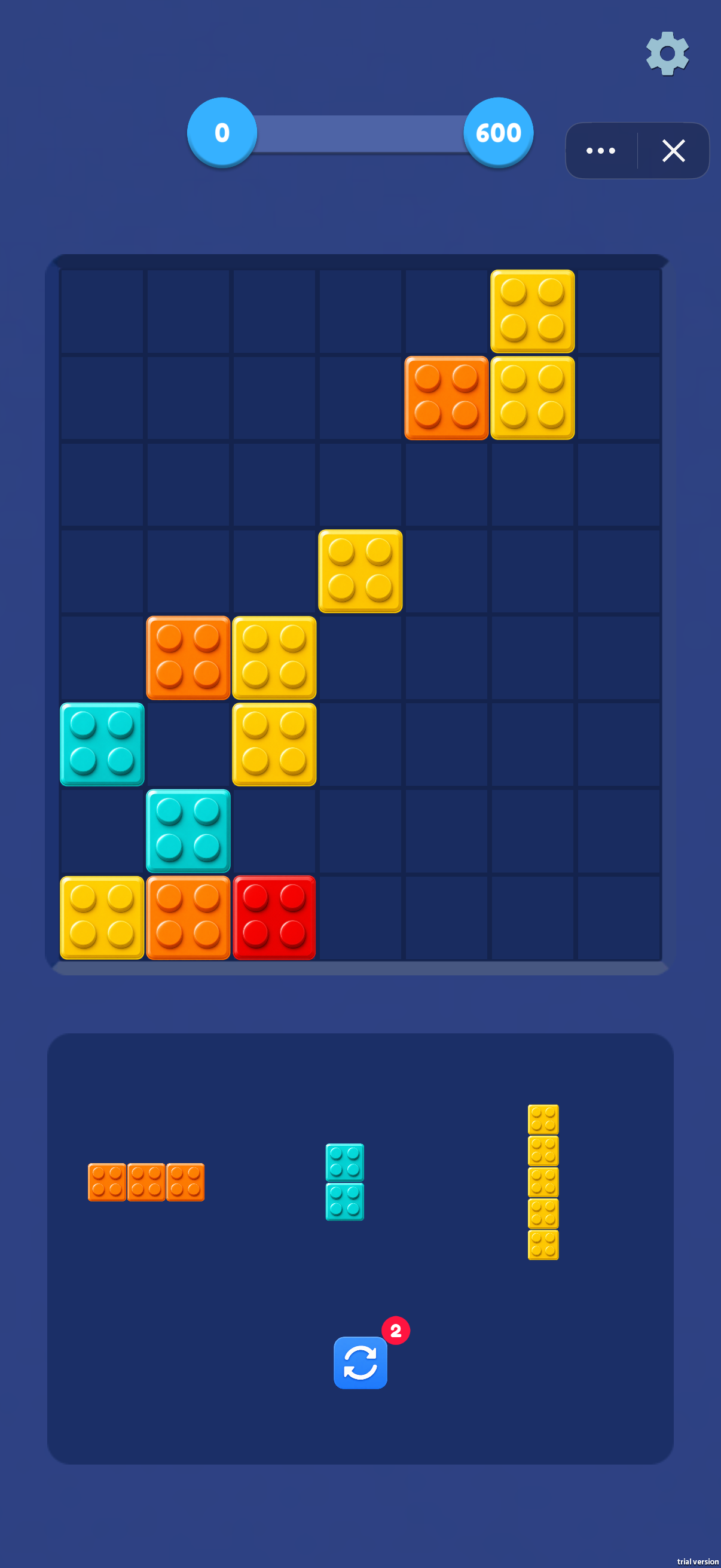 This board has a top bar labelled 0 and 600 and three offered shapes: an orange horizontal three-cell bar, a cyan vertical two-cell bar and a yellow vertical five-cell bar. Preserve a continuous vertical opening for the longest piece before filling smaller gaps.