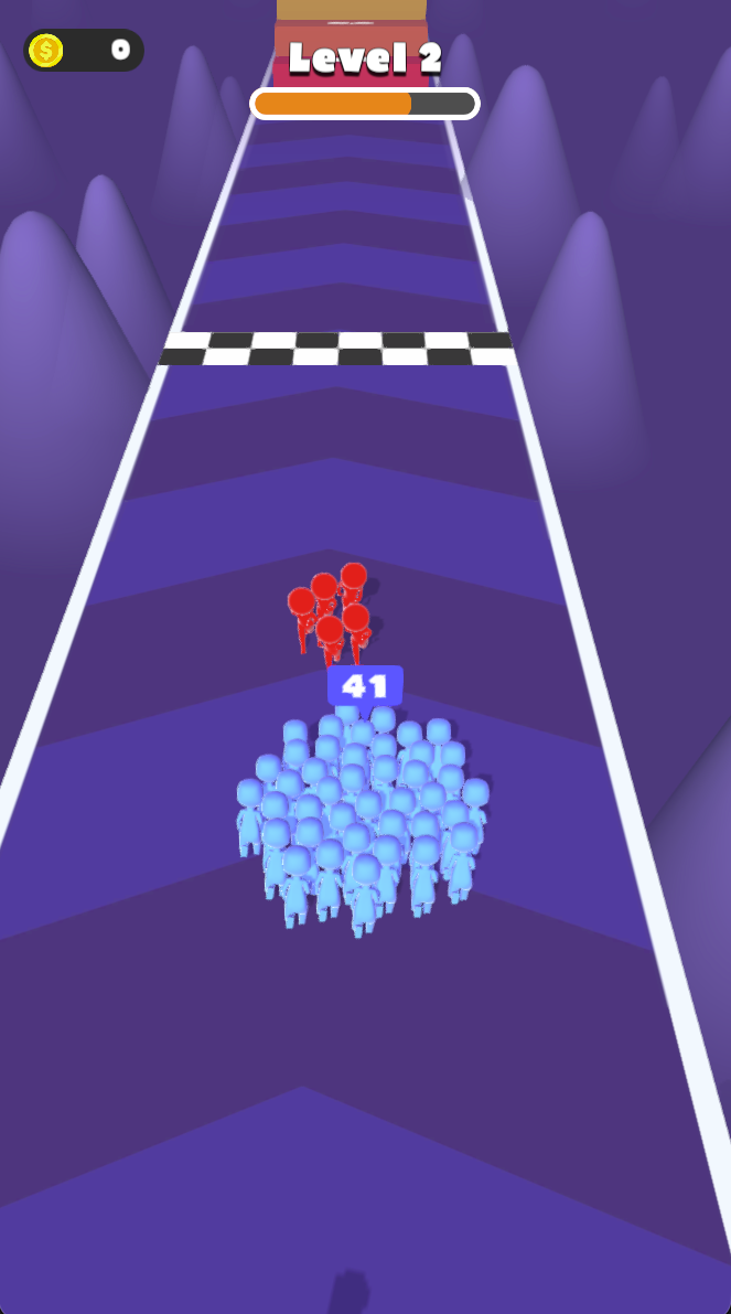 Level 2 shows count 41 approaching a red group and the checkered line. Watch the next encounter while keeping the group aligned with the route.