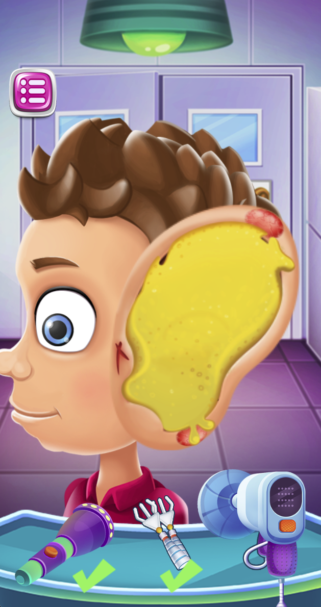 The enlarged ear view shows green checks under completed tools. The marks indicate task progress within this view, not completion of the whole game.