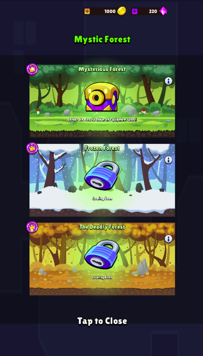 The Mystic Forest panel shows multiple locations with locks. A locked forest is separate from the currently selected wave.