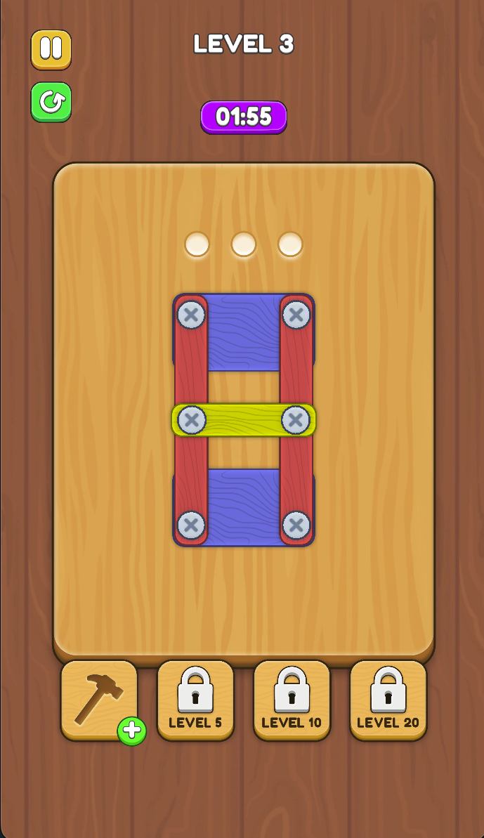 Level 3 shows a 01:55 countdown, overlapping planks and three empty holes at the top. Inspect attachments before choosing the next screw.