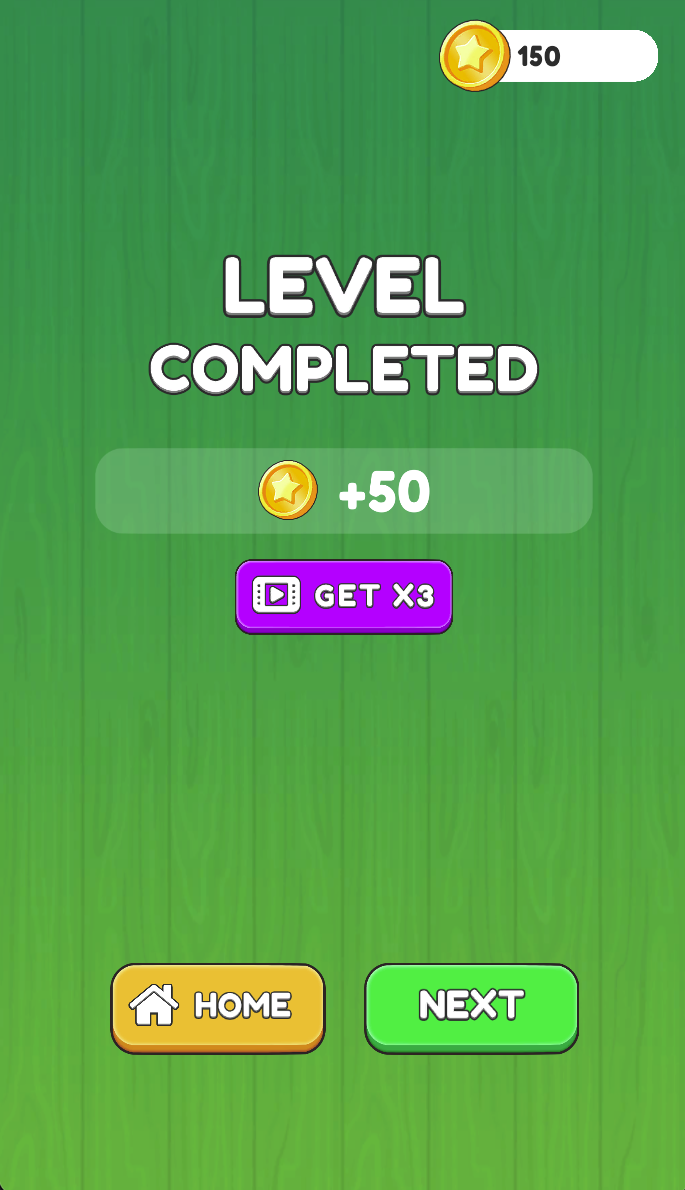 LEVEL COMPLETED shows +50 with Home and Next. GET X3 is a separate video-marked option, not the only route onward.