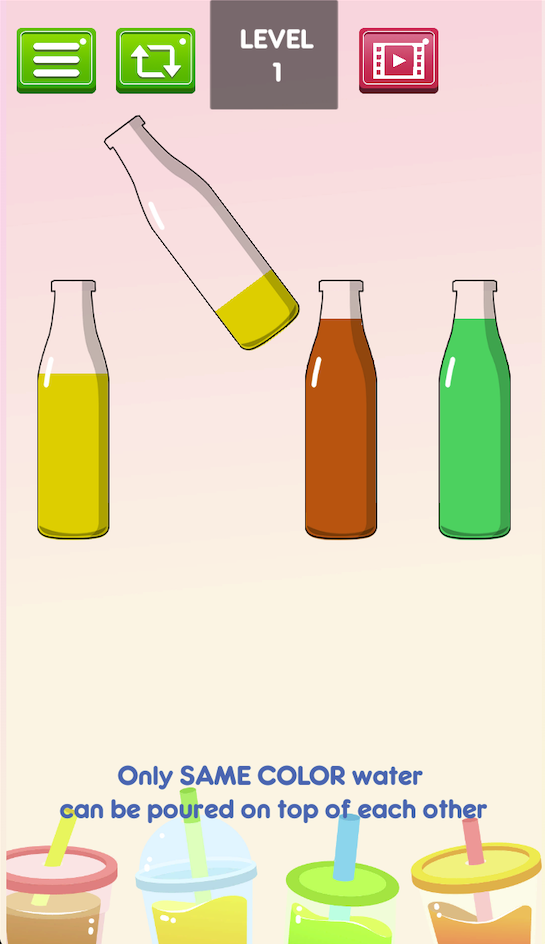 A yellow layer is being poured into the left bottle. Orange and green remain separate; use the exposed color after a pour to plan the next destination.