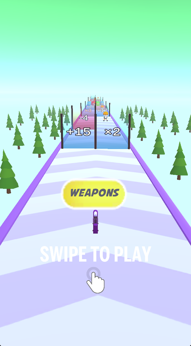 SWIPE TO PLAY is the explicit start prompt. The first visible gates are +15 and x2; evaluate each using the current run value.