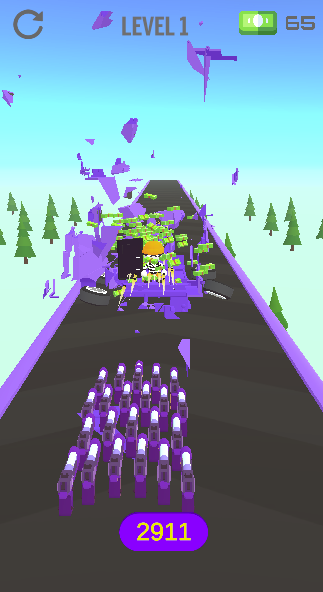 At the finish, the weapon formation fires into a breaking target. The formation counter and the cash display remain separate indicators.